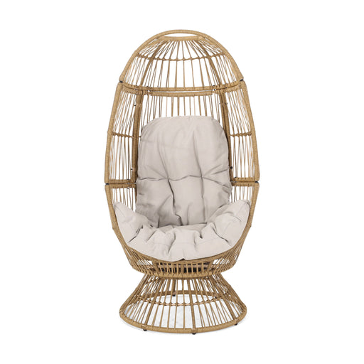 Noble House patio swivel basket egg chair with cushion, outdoor accent chair with woven wicker design and plush cushion for comfort.