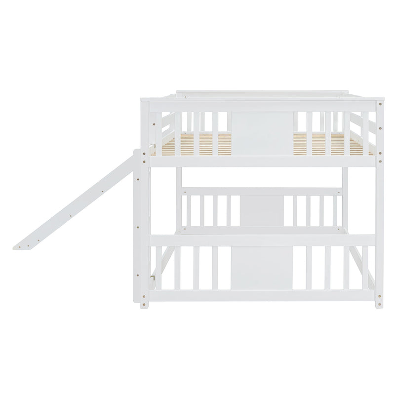 White DreamHaus full over full bunk bed with ladder and slide, featuring sturdy construction and playful design for kids' bedroom.