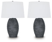 Pair of Caronick Poly Table Lamps by Signature Design in antique silver finish, featuring elegant, modern-style table lighting.