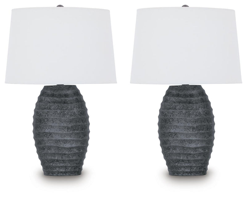 Pair of Caronick Poly Table Lamps by Signature Design in antique silver finish, featuring elegant, modern-style table lighting.