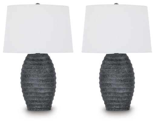 Pair of Caronick Poly Table Lamps by Signature Design in antique silver finish, featuring elegant, modern-style table lighting.