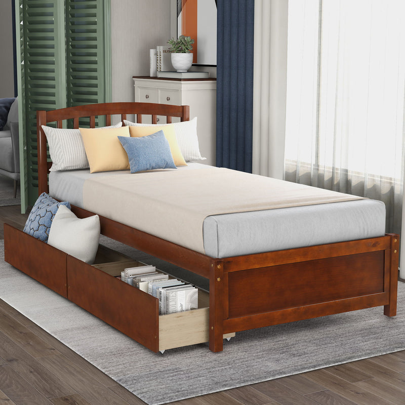 DreamHaus platform storage bed with wooden frame, two drawers, and headboard, showcasing a modern design with ample storage space.