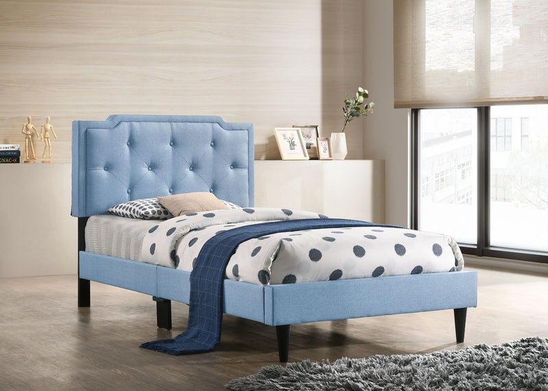 Button tufted upholstered bed by Glory Furniture showing a cozy, stylish bed with plush fabric and tufted headboard in a bedroom setting.