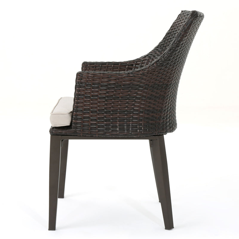 Set of two Noble House Hillhurst outdoor chairs with weather-resistant cushions, ideal for patio or garden seating.