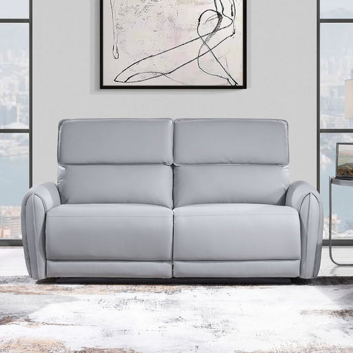 Gray synthetic leather Jeromie power motion reclining sofa with USB port by ACME, showing plush cushions and reclining feature.