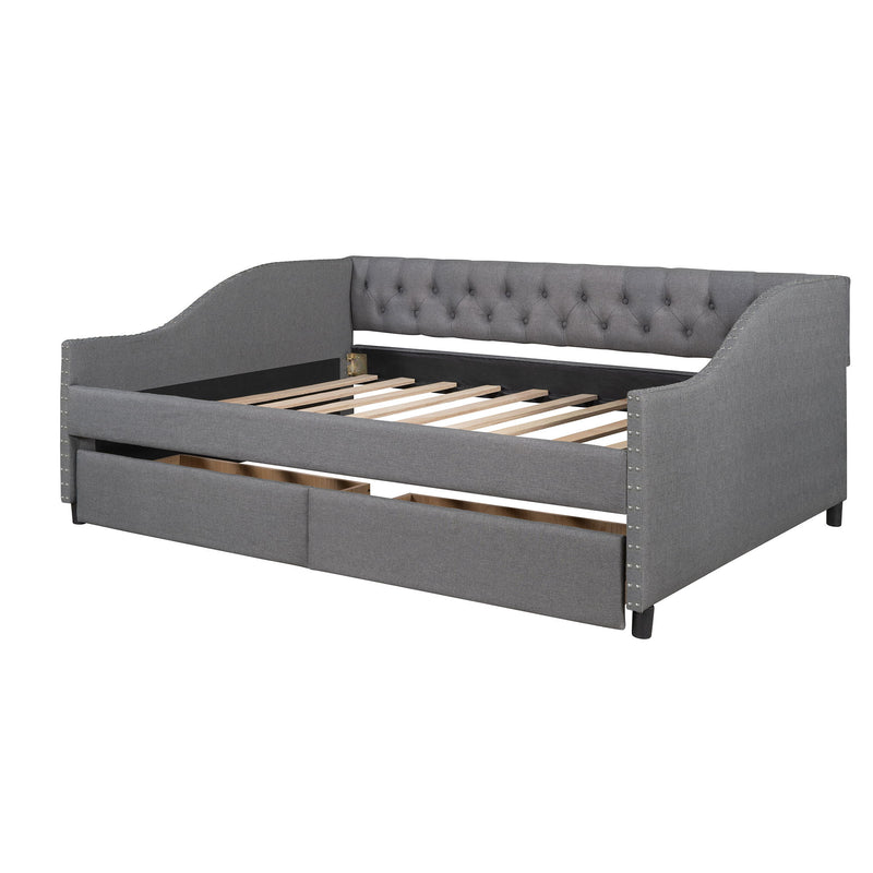 DreamHaus upholstered storage daybed with two drawers and wood slat support, featuring a comfortable fabric-upholstered frame.
