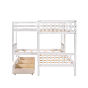 DreamHaus L-shaped bunk bed with built-in drawers, featuring a sturdy wooden frame and space-saving design for bedrooms.