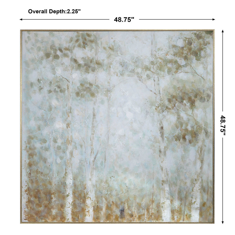 Hand painted light blue Cotton Woods canvas art by Uttermost, featuring detailed floral artwork on a textured canvas.