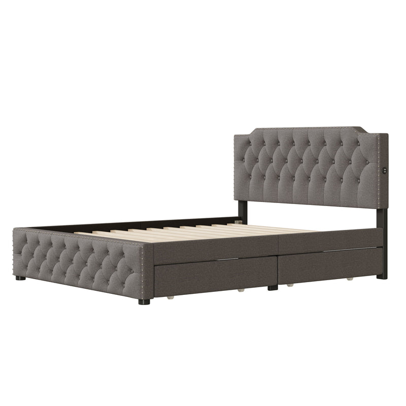 Upholstered Platform Bed With 2 Drawers And 2 Sets Of USB Ports On Each Side, Fabric - R&R Furniture Gallery (Fountain Valley, CA)