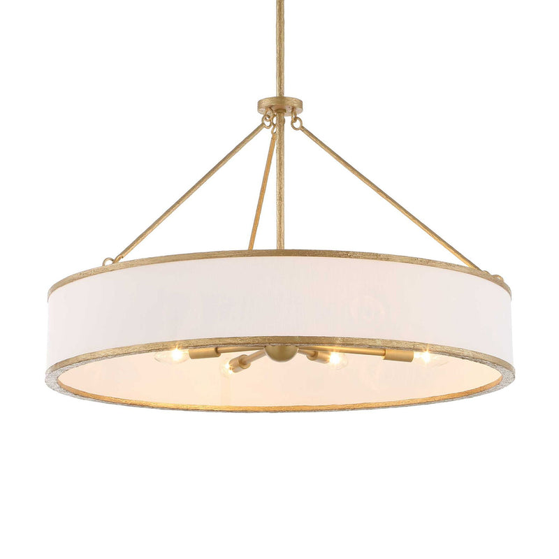 Uttermost Algiers 8-light gold and white drum pendant lighting fixture hanging from ceiling with modern design.