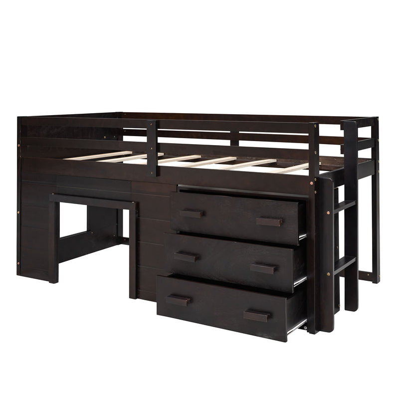 DreamHaus loft bed with integrated cabinet and shelf, featuring a sturdy wooden frame and functional storage space.