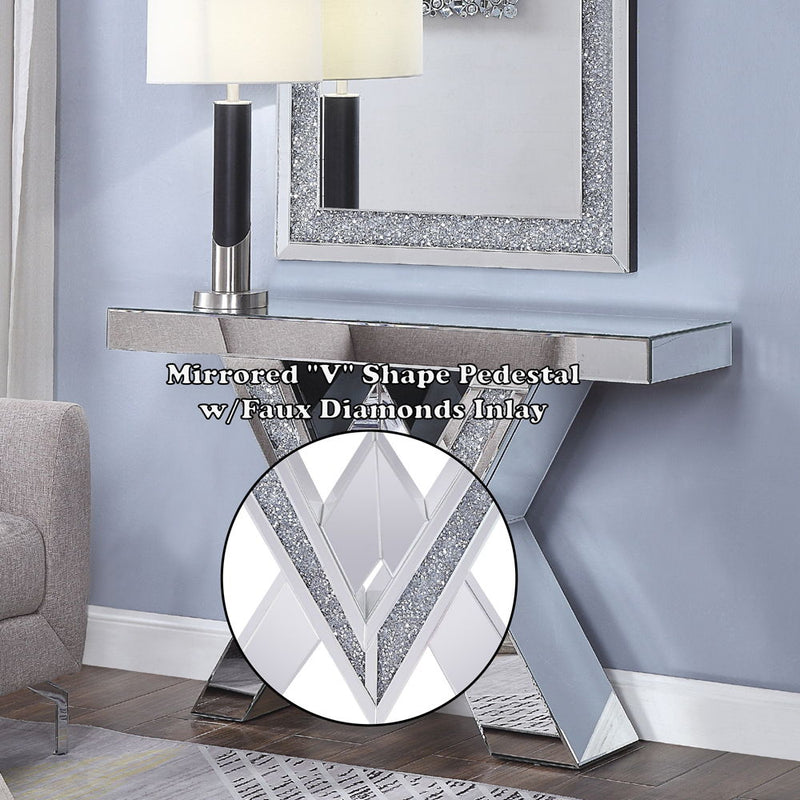Noralie - Console Table, "V" Shape Pedestal - Mirrored & Faux Diamonds - R&R Furniture Gallery (Fountain Valley, CA)