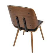 Pair of Lombardi mid-century modern dining chairs by Lumi Source with walnut wood legs and black upholstered seats.