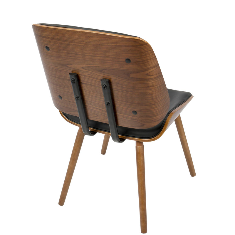Pair of Lombardi mid-century modern dining chairs by Lumi Source with walnut wood legs and black upholstered seats.