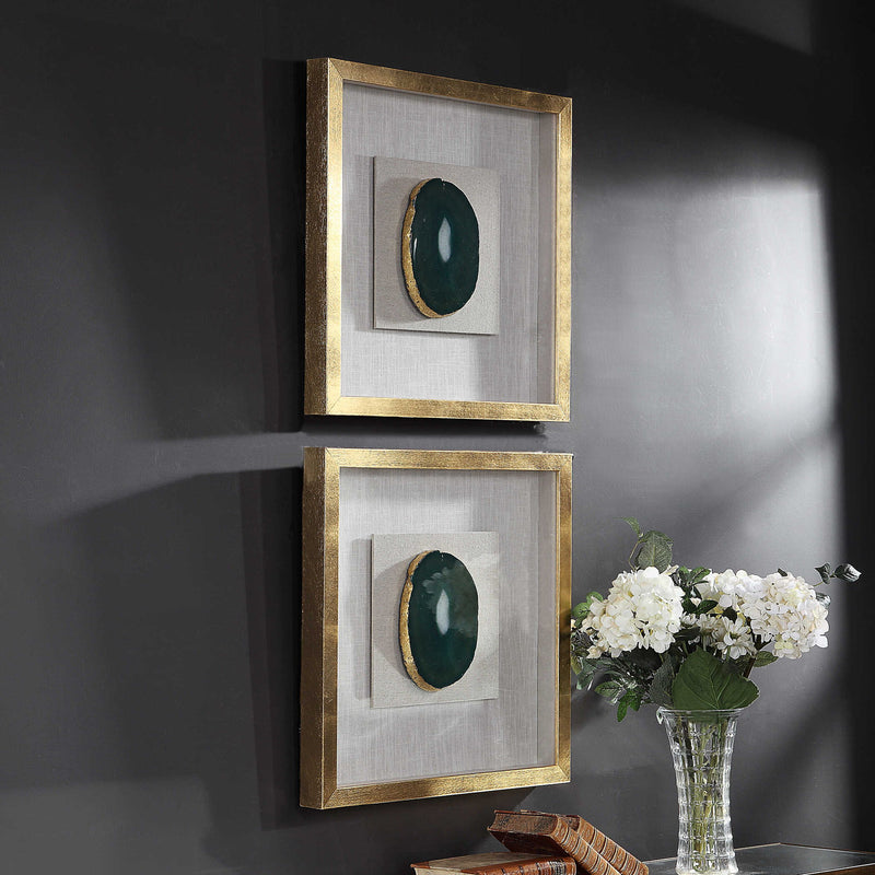 Keeva Agate Stone Shadow Box wall decor by Uttermost featuring gold accents and a natural agate stone design.