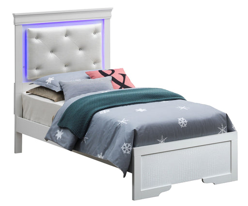 Upholstered LED elegant bed by Glory Furniture with a modern design and soft fabric upholstery, showcased in a stylish bedroom setting.