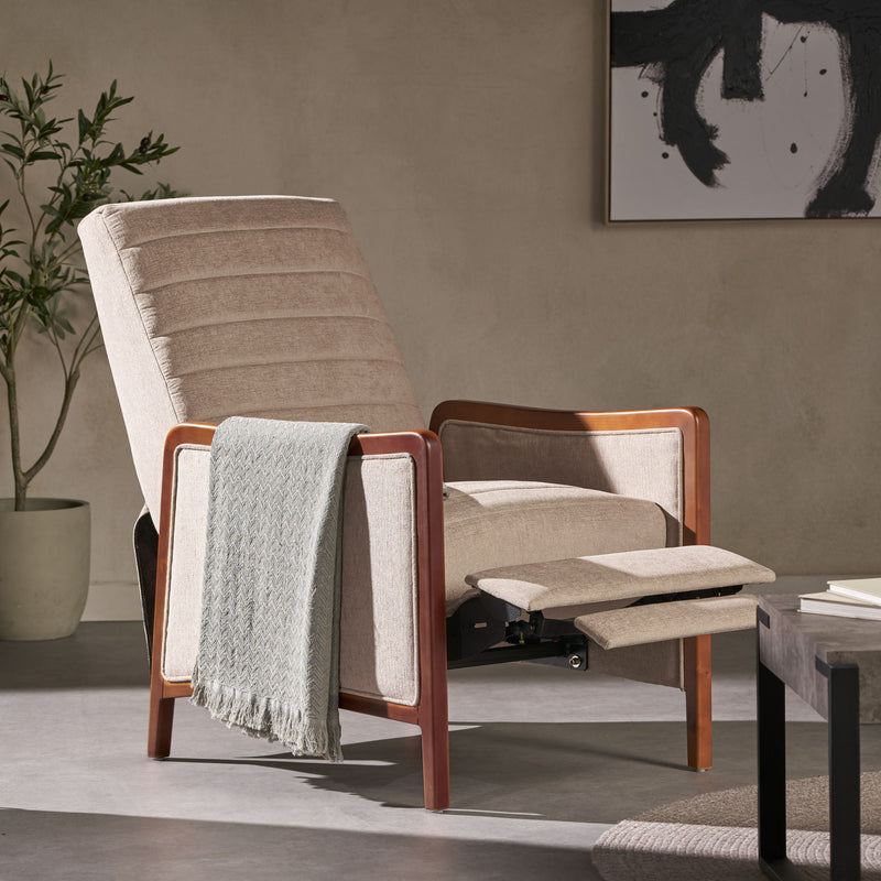 Noble House mid-century modern fabric channel stitch wood pushback recliner with sleek design and cushioned seat.
