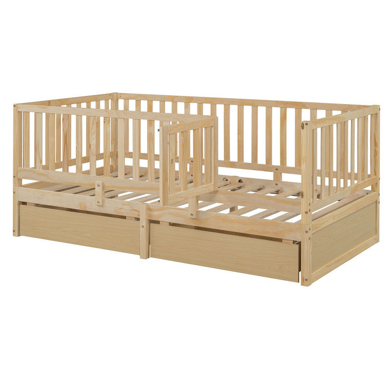 DreamHaus storage daybed with fence guardrails, two drawers, and split design for use as a floor bed or daybed.