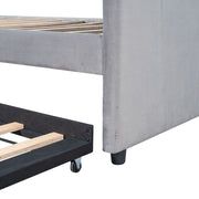 DreamHaus upholstered daybed sofa bed with trundle and wood slat base, showcasing a stylish, versatile trundle bed setup.