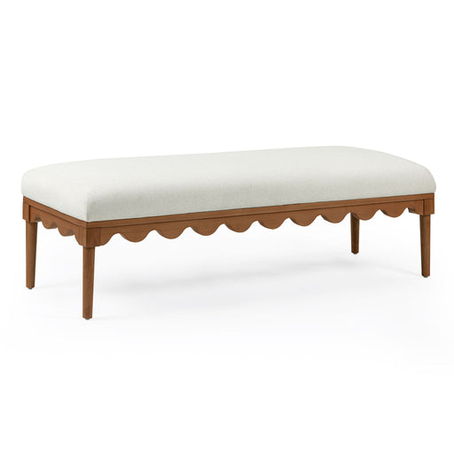 TOV Furniture Oodle vegan mohair bench with walnut wooden legs, upholstered seating for living room or entryway decor.