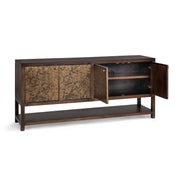 Classic Home Avara 4-door brown buffet cabinet with wooden finish and sleek design, showcasing storage compartments and elegant hardware.