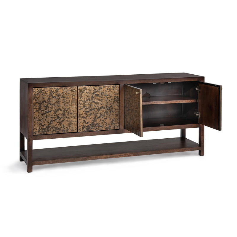 Classic Home Avara 4-door brown buffet cabinet with wooden finish and sleek design, showcasing storage compartments and elegant hardware.