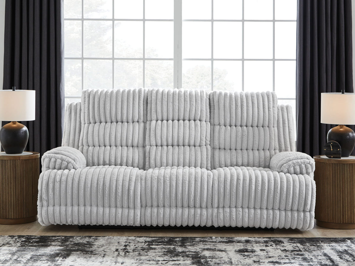 Rhines Falls - Reclining Power Sofa With Drop Down Table - Alloy - R&R Furniture Gallery (Fountain Valley, CA)