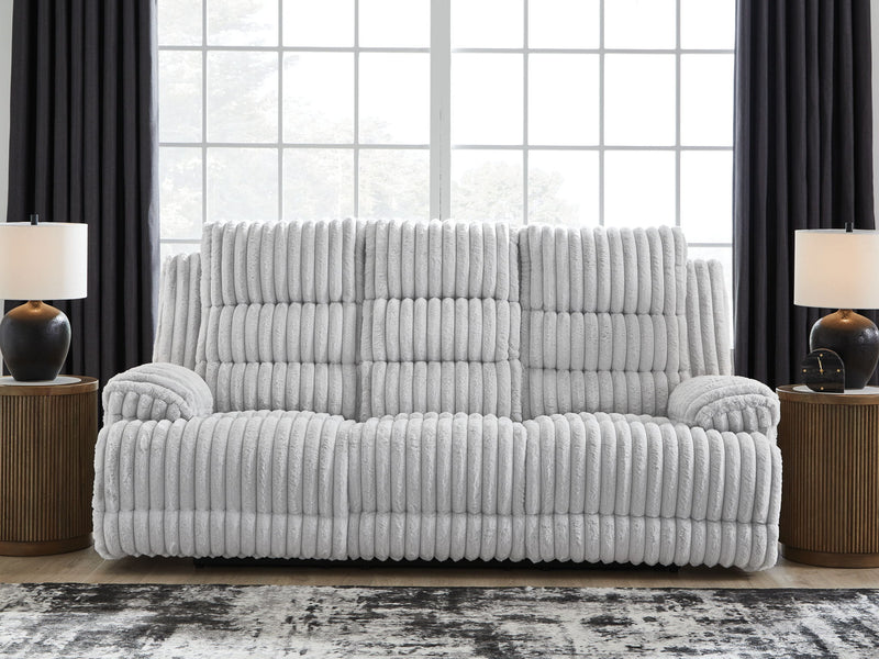 Rhines Falls - Reclining Power Sofa With Drop Down Table - Alloy - R&R Furniture Gallery (Fountain Valley, CA)