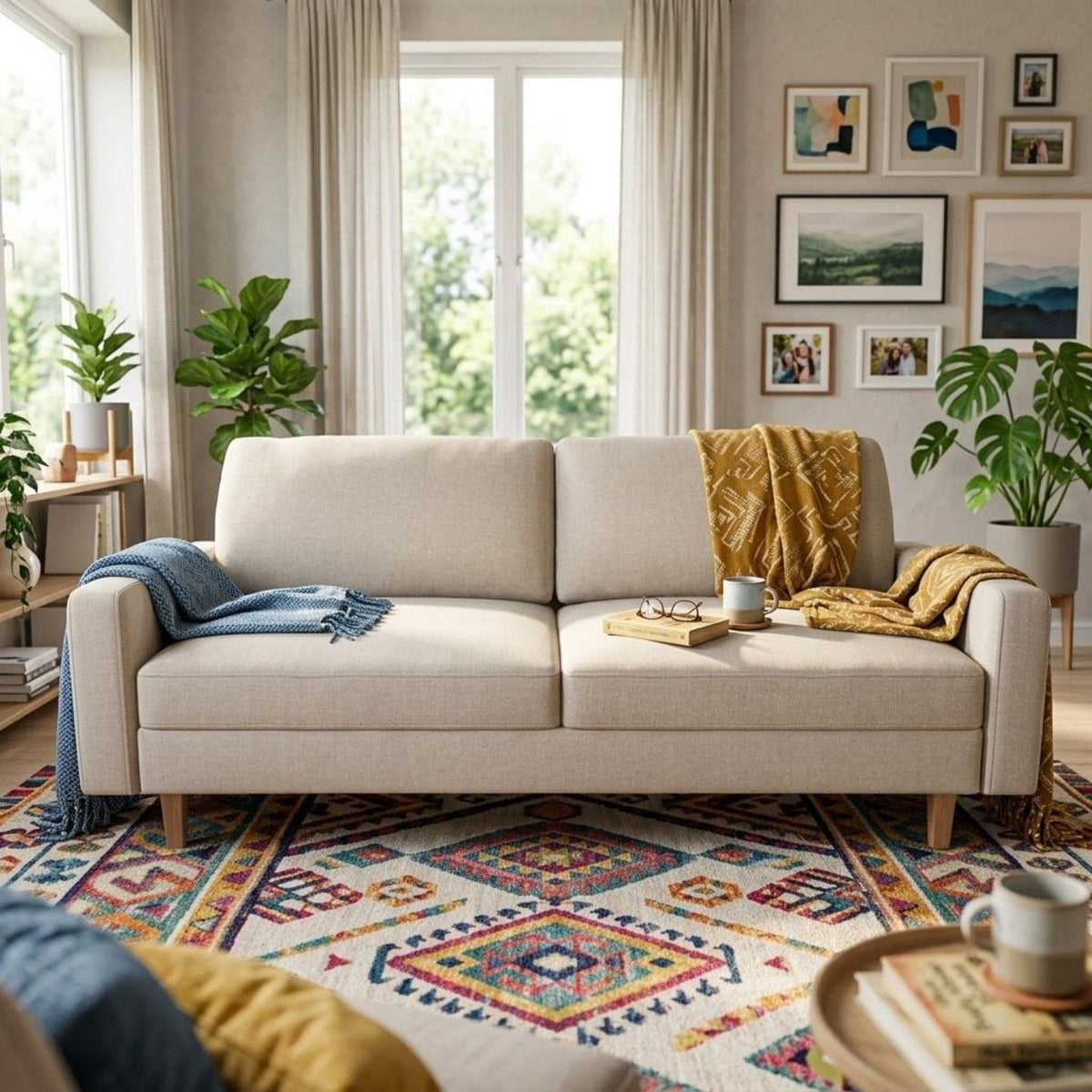 Beige 3-seat US Pride stationary sofa with removable cushions, showcasing plush upholstery and a sturdy frame.
