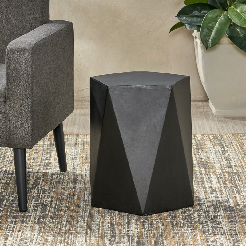Noble House side table with geometric design, featuring a modern, stylish wooden surface and metal frame for contemporary decor.