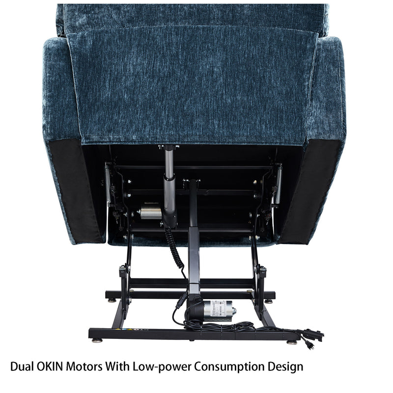 Refined Comfort dual Okin motor lift recliner chair for elderly with infinite position lay flat, heat, and massage features.