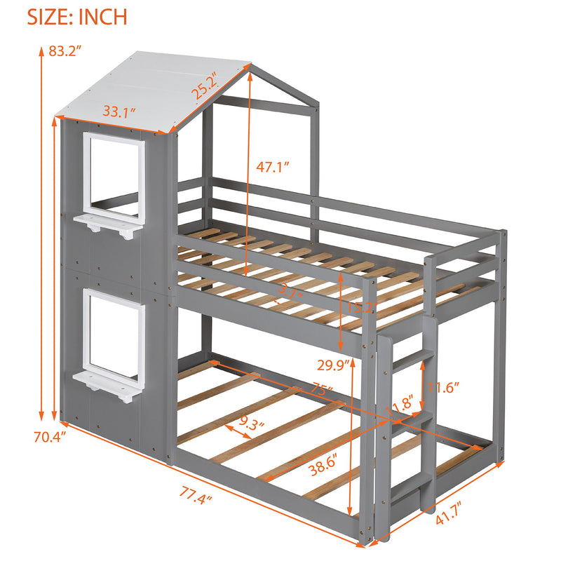 DreamHaus wooden bunk bed with roof, window, guardrail, and ladder, showcasing a sturdy, multi-level kids' bedroom furniture piece.