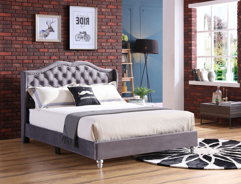 Glory Furniture upholstered bed with a transitional design, featuring a padded headboard and neutral fabric for a stylish bedroom look.