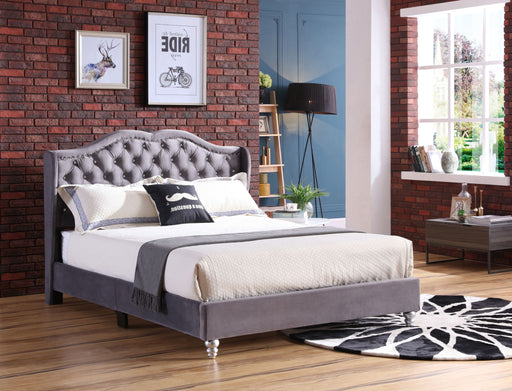 Glory Furniture upholstered bed with a transitional design, featuring a padded headboard and neutral fabric for a stylish bedroom look.
