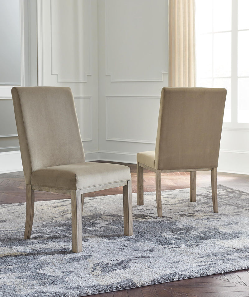 Set of two Chrestner Dining UPH Side Chairs by Signature Design Ashley in gray and brown fabric with wooden legs.