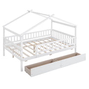 DreamHaus house storage bed with two built-in drawers, featuring a cozy cabin design and sturdy wooden frame.