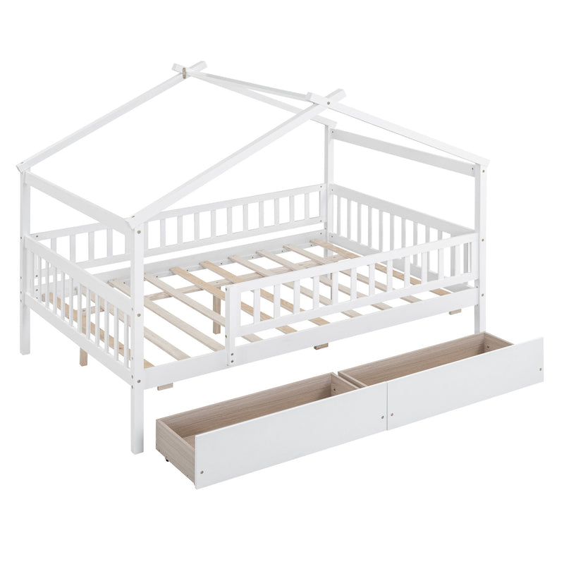 DreamHaus house storage bed with two built-in drawers, featuring a cozy cabin design and sturdy wooden frame.