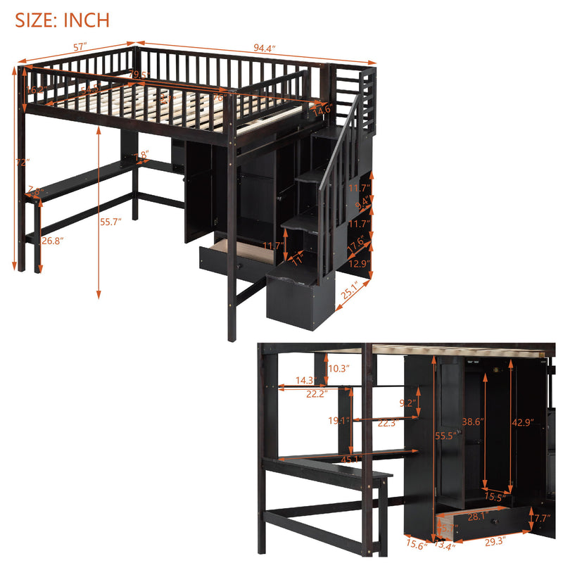 DreamHaus loft bed with integrated bookshelf, drawers, desk, and wardrobe, featuring a modern design and space-saving structure.