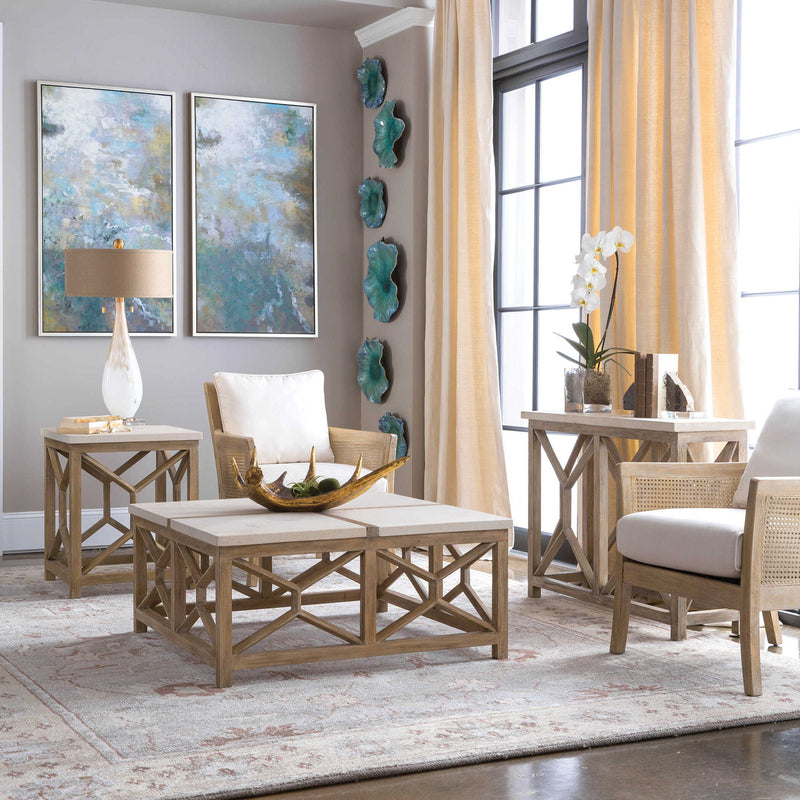 Uttermost Encore natural armchair with white upholstery and wooden legs, showcasing a modern, comfortable armchair design.