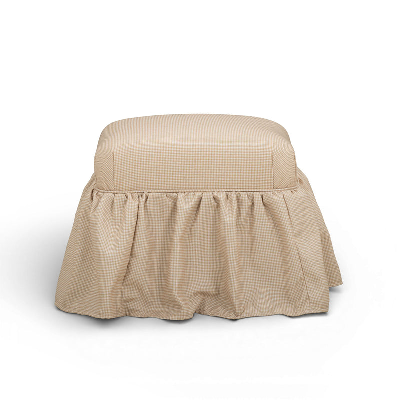 Yellow Gertrude linen skirted ottoman by TOV Furniture, upholstered with a stylish and comfortable design.