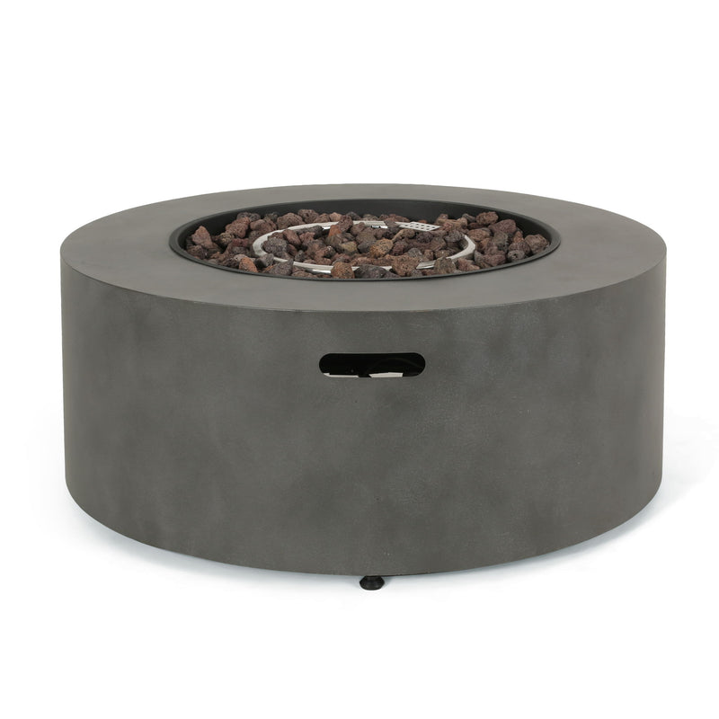 Noble House round iron fire pit with 40,000 Btu, outdoor fire pit for patio or backyard gatherings, black metal design.