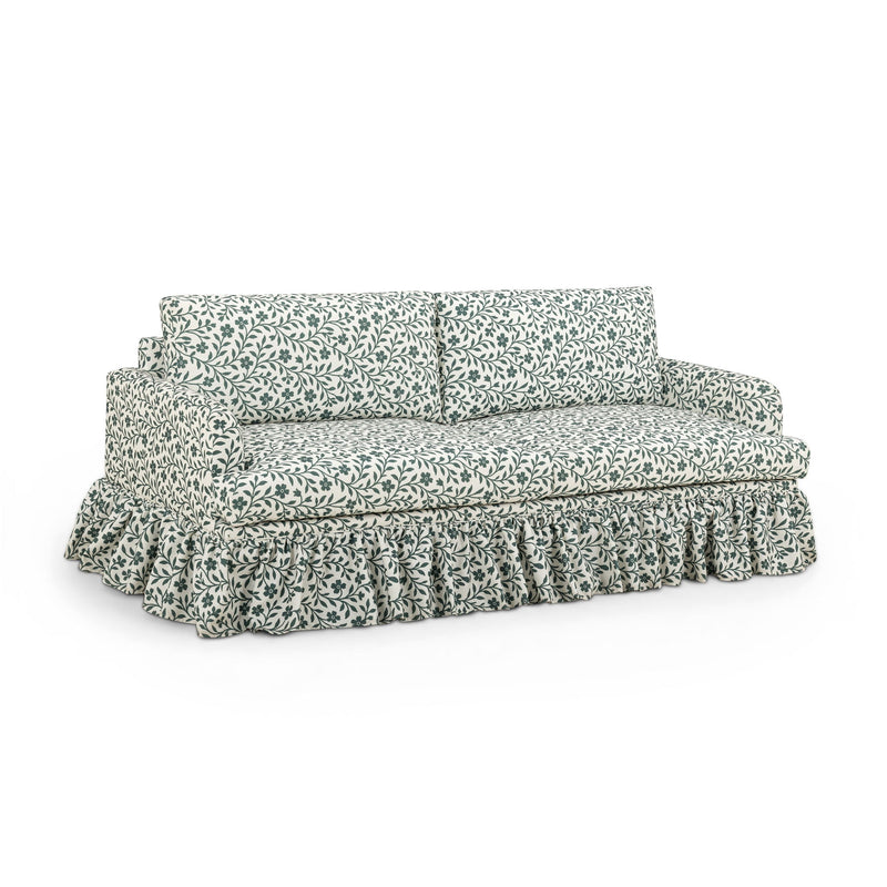Gertrude TOV Furniture linen weave floral stationary sofa with plush cushions, showcasing elegant floral upholstery and modern design.
