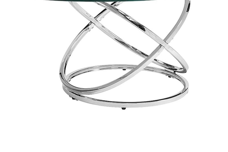 Bernards Furniture chrome cocktail table set with four round tables and sleek metal legs, ideal for modern living spaces.
