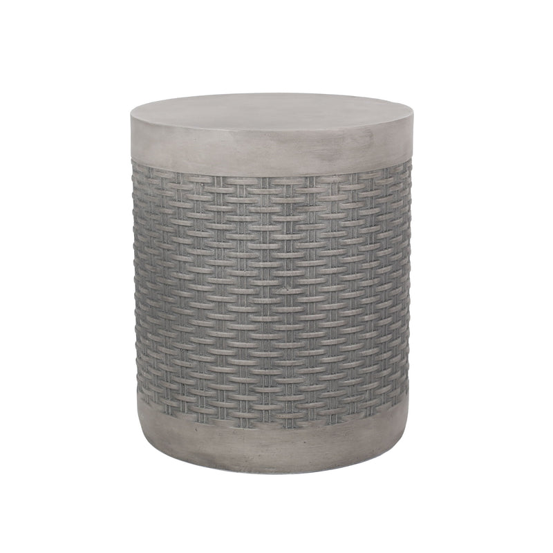 Round concrete outdoor side table from Noble House, lightweight and natural finish, perfect for patio or garden seating areas.