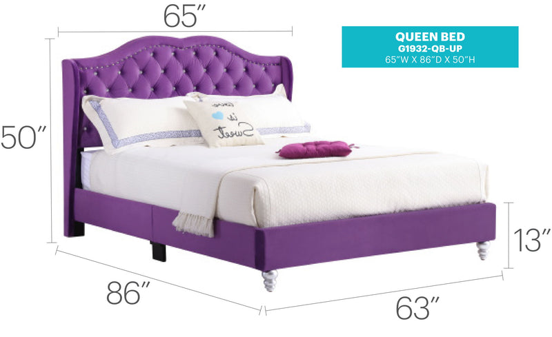 Transitional upholstered bed by Glory Furniture featuring a padded headboard and soft fabric in a modern bedroom setting.