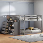 DreamHaus bunk bed with built-in four drawers and three shelves, featuring a sturdy wooden frame and modern design.