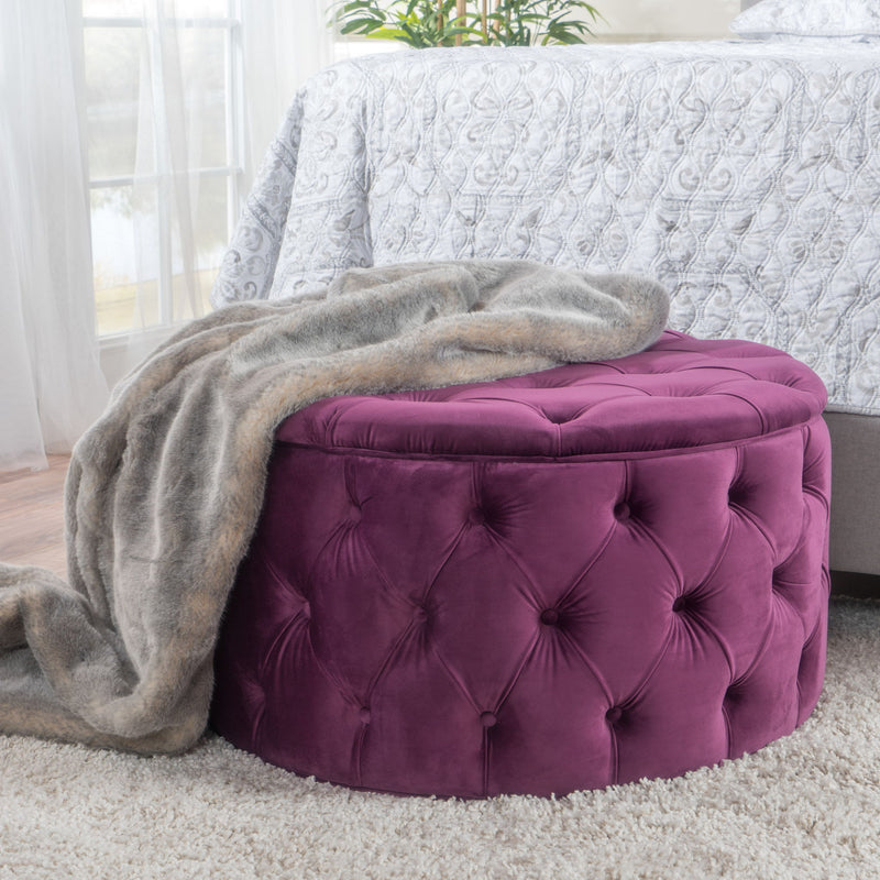 Noble House modern glam upholstered ottoman with plush fabric and sleek design, perfect as a stylish footrest or accent piece.