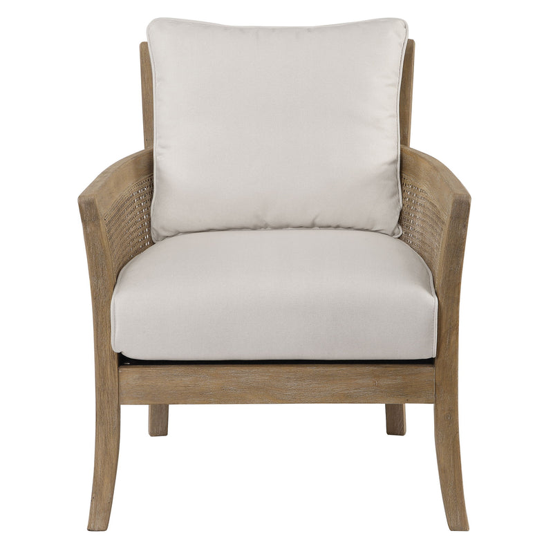 White natural armchair from the Encore collection by Uttermost, showcasing a stylish and comfortable arm chair with elegant design.