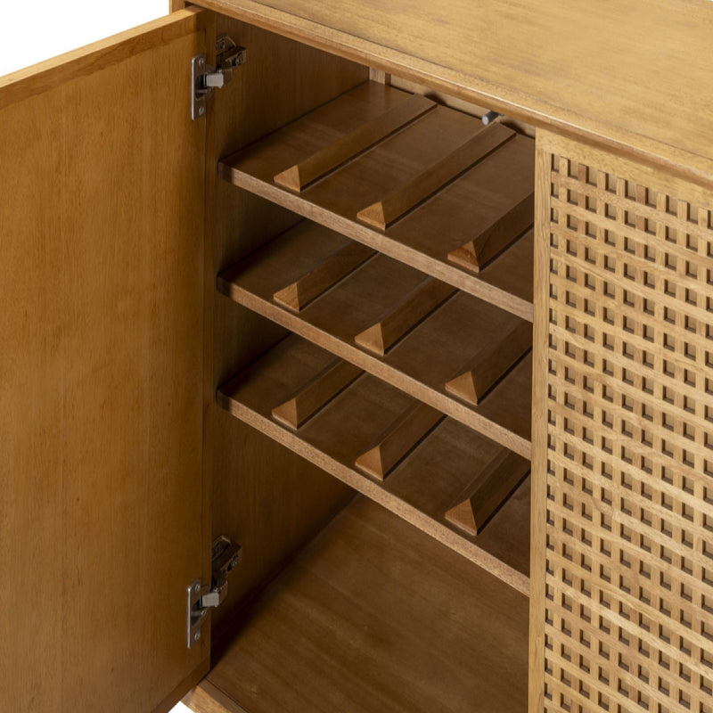 TOV Furniture Miles 3-door sideboard in natural wood finish with sleek modern design and metal handles.
