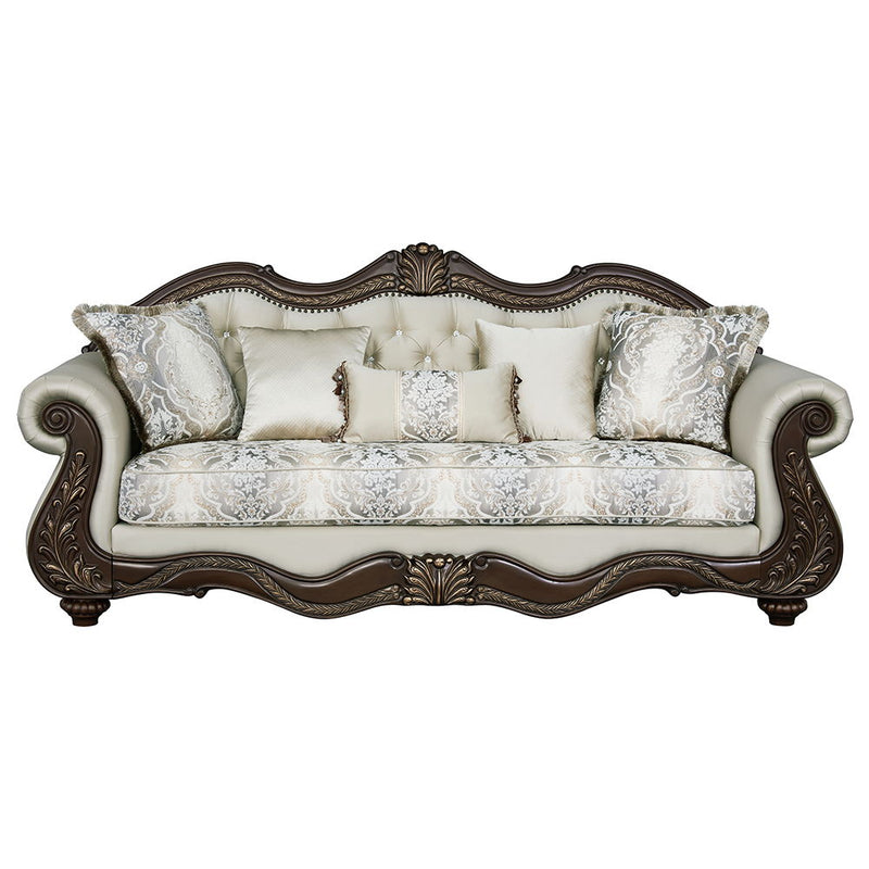 Pierce - Sofa With 5 Pillows - Beige Fabric & Cherry - R&R Furniture Gallery (Fountain Valley, CA)